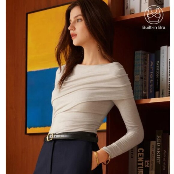 OGL Tencel-Wool Gathered Long Sleeve Brami Top in Heathery Fog Ivory XL - NEW - Picture 1 of 12